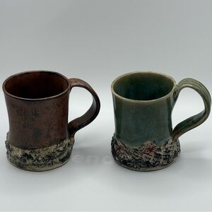 Two Studio Pottery Handcrafted Agateware Ceramic Mugs Green Rust Brown 10 oz